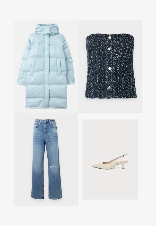 Helle blaue Daunenjacke mit Kapuze, ausgestattet mit einem gesteppten Design, Seitentaschen und verstellbaren Bündchen. Glatte, glänzende Stoffoberfläche.; Schulterfreies Korsettoberteil aus strukturiertem schwarzem und grauem Stoff mit vier silbernen Druckknöpfen in der vorderen Mitte.; Hellblaue weit geschnittene Jeans aus Denim, mit hoher Taille, fünf Taschen und "STIEGLITZ" auf dem linken Oberschenkel bestickt.; Beige Leder Slingback-Pumps mit spitzer Kappe, niedrigem geschwungenem Absatz und verstellbarem Schnallenriemen.