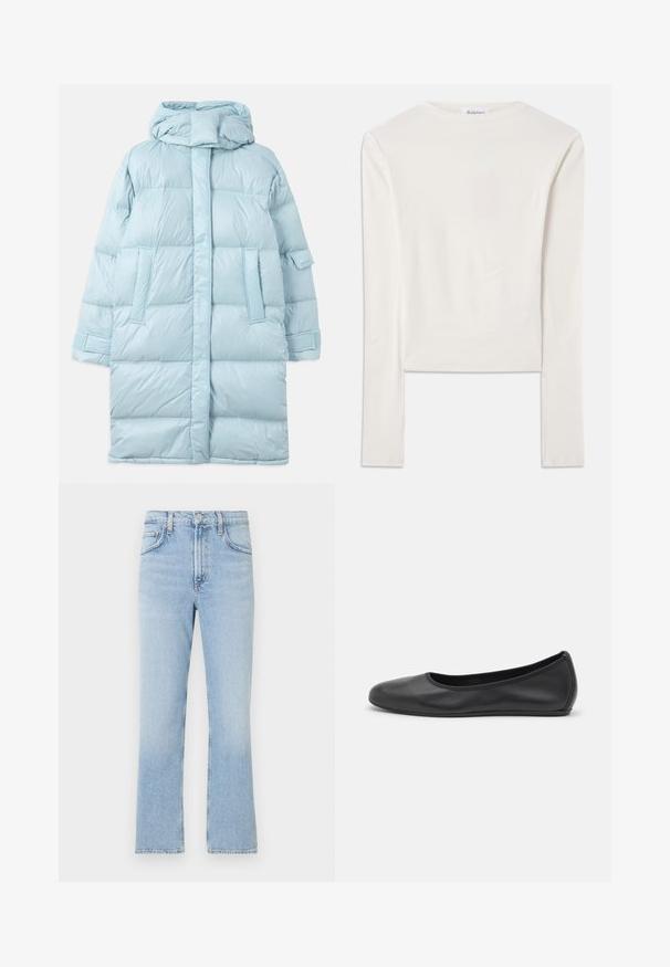 Veste matelassée bleu clair avec capuche, présentant un design matelassé, des poches latérales et des poignets ajustables. Texture de tissu lisse et brillante.; Haut à manches longues blanc en coton, dotée d'un col ras du cou simple et d'une coupe ajustée. Le tissu est lisse avec une légère élasticité.; Jean en denim bleu clair avec une coupe droite, taille haute et décoloration subtile. Il présente un style classique à cinq poches et une fermeture éclair.; Ballerines en cuir noir avec un bout rond, texture lisse, détails de couture minimalistes et design de semelle flexible.