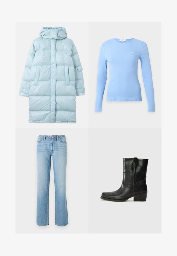 Lysblå puffer-jakke med hætte, med et quiltet design, sidelommer og justerbare manchetter. Glat, blankt stoftekstur.; Lyseblå ribbet bluse med lange ærmer, rund halsudskæring og lille hvidt "Stine Goya"-logo på brystet.; RE/DONE THE SANASA - Jeans Relaxed Fit - media noche; Sort læder ankelstøvle med rundt tå, blokhæl, lynlås i siden og stikninger på vampsiden. Glat tekstur, klassisk design.