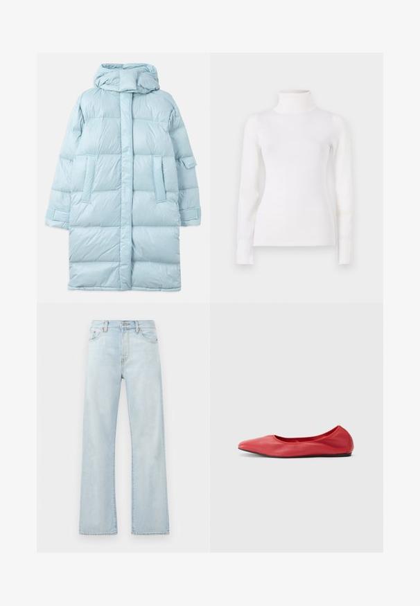 Veste matelassée bleu clair avec capuche, présentant un design matelassé, des poches latérales et des poignets ajustables. Texture de tissu lisse et brillante.; Pull en col roulé blanc, taille ajustée, manches longues, texture douce, tissu lisse, detailing minimal, poignets et col côtelés.; Jean en denim bleu clair avec une taille haute, un design à jambes larges et un délavage subtil. Présente un style classique à cinq poches et des accents de coutures tonales.; Filippa K REY FLATS - Ballerines - bright red