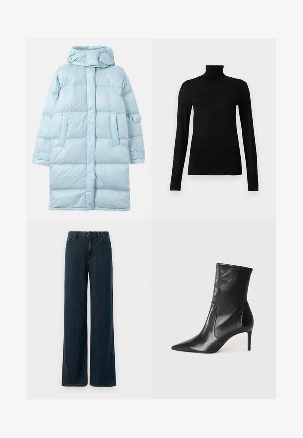 Veste matelassée bleu clair avec capuche, présentant un design matelassé, des poches latérales et des poignets ajustables. Texture de tissu lisse et brillante.; Pull à col roulé noir en matériau doux et léger. Il a des manches longues et une coupe ajustée avec un col haut.; Jean en denim bleu foncé à jambes larges, taille haute, design à cinq poches et détails de couture subtils. Le tissu a une texture lisse.; Bottes noires à la cheville en cuir lisse, dotées d'un bout pointu, d'un tige ajustée et d'un talon haut fin. Design minimaliste sans quincaillerie visible.