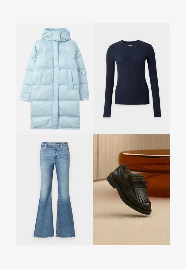 Veste matelassée bleu clair avec capuche, présentant un design matelassé, des poches latérales et des poignets ajustables. Texture de tissu lisse et brillante.; Pull ajusté bleu marine côtelé à manches longues avec col rond sur fond gris clair.; Jean flare bleu clair en tissu denim doux, avec une taille haute, un effet délavé autour des cuisses et un design classique à cinq poches avec des éléments métalliques.; Chaussure en cuir noire à lacets avec franges décoratives et clous métalliques posée sur un tapis beige près d'un meuble marron.