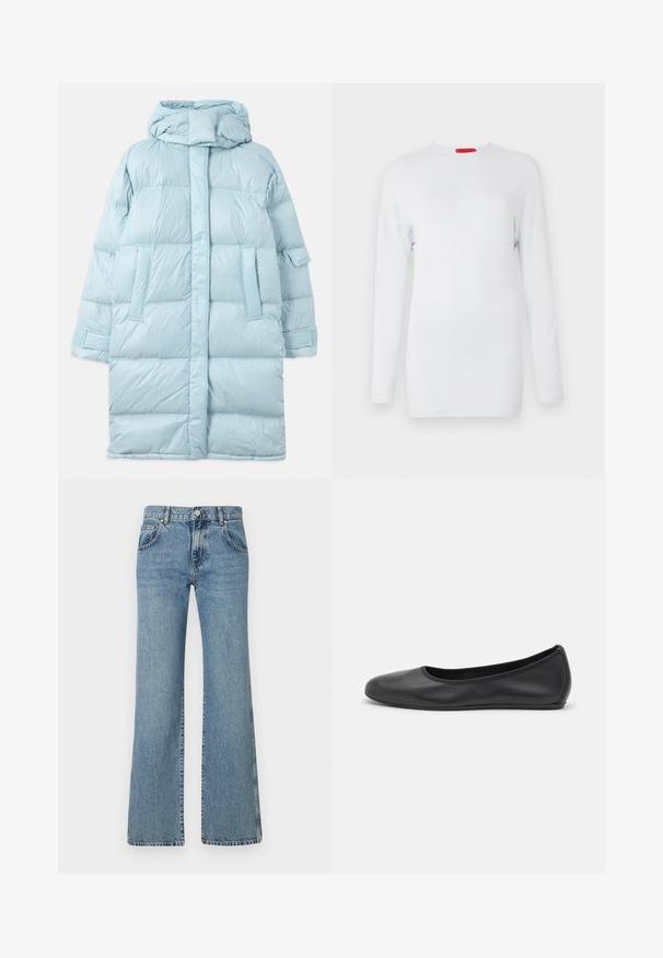 Lysblå puffer-jakke med hætte, med et quiltet design, sidelommer og justerbare manchetter. Glat, blankt stoftekstur.; Langærmet hvid top lavet af blødt stof, med rund halsudskæring og skrå sømdetaljer for et tekstureret udtryk. Rød mærkebadge.; Lyseblå, flagrende jeans i denimstof med en talje med knaplukning, fem lommer og et klassisk syet design.; Sort læderballetsko med rund tå, glat tekstur, minimal syning og et fleksibelt såldesign.