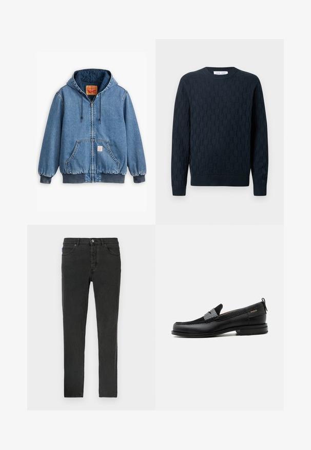 Sinine denimpusa kapuutsiga, lukuga sulgemine, ees taskud, soonikkoes varrukad ja ääred ning tepitud sisemine vooder. Levi's'i silt on nähtav seest.; Tumesinine kootud sviiter, millel on tekstuuriline muster, ümmargune kaelus ning soonikuga varrukad ja hem. Valmistatud pehmest lõngast mugavuse tagamiseks.; Mustad teksapüksid kitsas lõikes, millel on viis taskut, nööbiliist ja nähtav õmblusääre detail. Matte viimistlus peene tekstuuriga.; Must nahast loafer halli rihma detailiga, madala kand ja tekstuurse tallaga, külgedel kuldse "HUGO" brändiga.