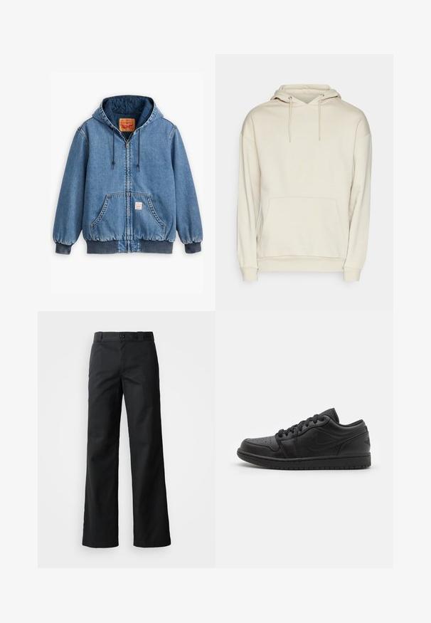 Blå denim hoodiejakke med lynlåslukning, frontlommer, ribbede manchetter og kant, samt en quiltet inderside. Levi's mærket synligt indeni.; Beige hættetrøje lavet af blødt stof, med en kængurulomme og ribbede manchetter. Designet har en afslappet pasform og minimalistiske detaljer.; Sorte bredbuks i et glat stof. Har en knaplukning, bæltestropper og sidelommer. Ren, skræddersyet silhuet.; Sorte læder lavtop sneakers med perforeret tå, flade snørebånd, polstret krave og struktureret sål. Har et diskret logo på hælen.