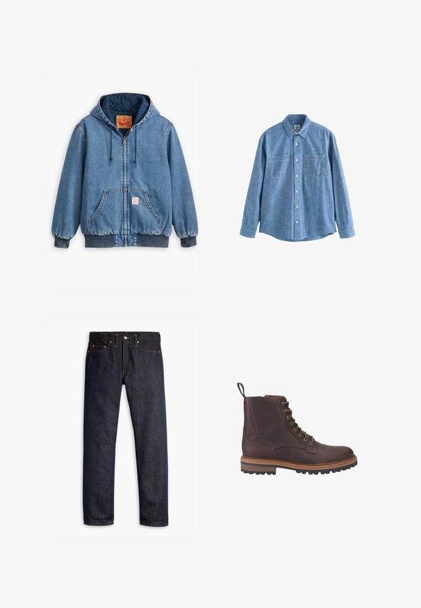 Blå denim hoodiejakke med lynlåslukning, frontlommer, ribbede manchetter og kant, samt en quiltet inderside. Levi's mærket synligt indeni.; Langærmet blå chambray-skjorte med knaplukning foran og to brystlommer, lagt fladt på en hvid baggrund.; Mørkeblå denimjeans med lige pasform, fem-lomme design, kobbernitter, gul syning og et markant struktureret stof.; Brune læder støvler med snørebånd ved anklen, med en tekstureret overflade, kontrasterende beige såler og metaløjer. Har en trækflig for nem påtagning.