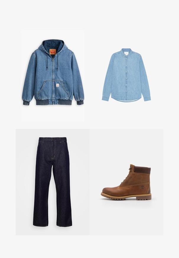 Blå denim hoodiejakke med lynlåslukning, frontlommer, ribbede manchetter og kant, samt en quiltet inderside. Levi's mærket synligt indeni.; Lyseblå denimskjorte med knapper, lange ærmer, spidst krave og afrundet kant. Har knaplukning foran og lille logodetalje.; Mørkeblå lige ben denim jeans med forlommer, bæltestropper, lynlås og knaplukning, præsenteret foran en simpel hvid baggrund.; Brun læder vandrestøvle med en glat finish, polstret ankel, metalliske snørehuller og en gummisål med et robust dækmønster.