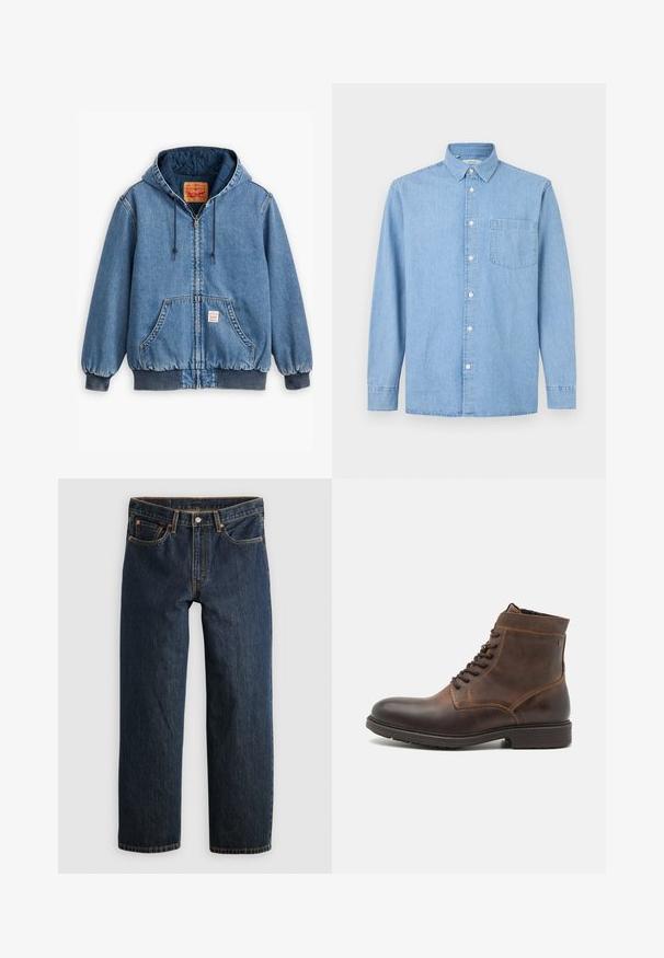 Chaqueta de mezclilla azul con capucha, cierre de cremallera, bolsillos frontales, puños y dobladillo de punto, y forro interior acolchado. Etiqueta de Levi's visible en el interior.; Camisa de mezclilla azul claro de manga larga con un bolsillo frontal, cierre de botones y cuello clásico sobre un fondo blanco.; Vaqueros de mezclilla azul oscuro con corte recto. Presentan cinco bolsillos, costuras en contraste y cierre de botón en la cintura.; Jack & Jones JFWDELANEY BOOT - Botines con cordones - cognac