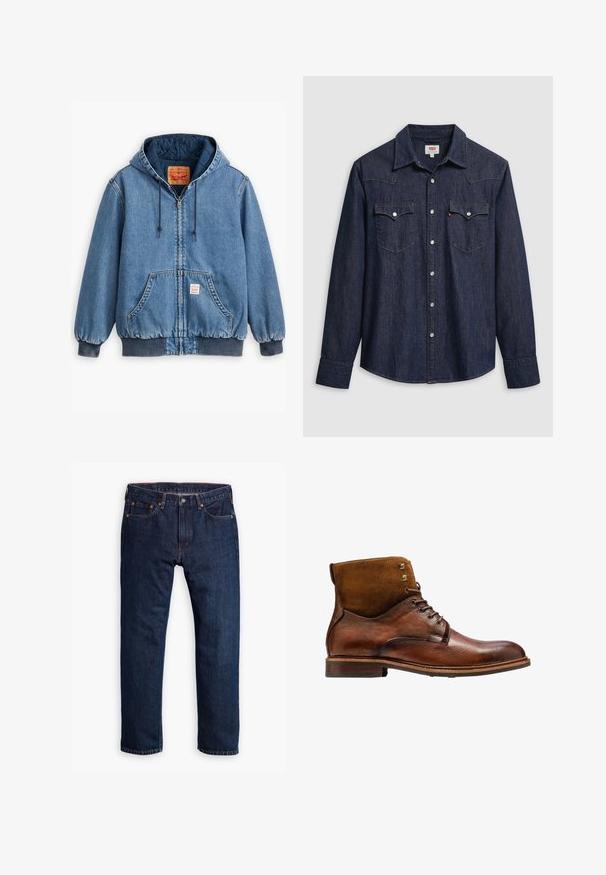 Sinine denimpusa kapuutsiga, lukuga sulgemine, ees taskud, soonikkoes varrukad ja ääred ning tepitud sisemine vooder. Levi's'i silt on nähtav seest.; Tume sinist värvi teksariidest särk, millel on terav krae, klõpskinnitusega nööbid ja rinnataskud. Disainis on õmbluste detailid ja pikkade varrukatega.; Isik kannab tumedasiniseid sirgete säärega teksapükse, valgeid tenniseid ja oliivrohelist dressipluusi, käed taskutes, seisab halli tausta ees.; Kazar ALID - Nööritavad poolsaapad - brown