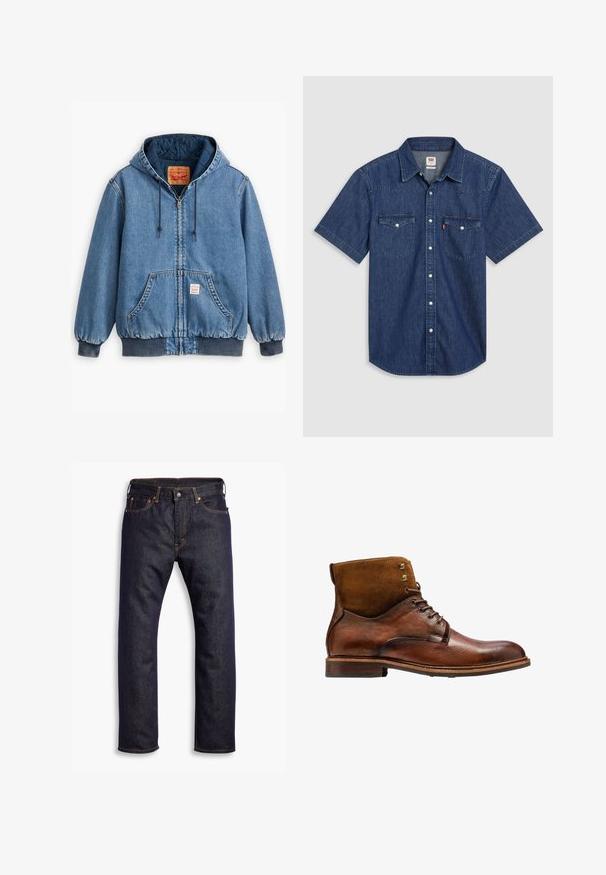 Blauwe denim hoodie met een ritsluiting, voorzakken, ribgebreide manchetten en zoom, en een gewatteerde voering. Levi's label zichtbaar aan de binnenkant.; Denimoverhemd met korte mouwen in donkerblauw, voorzien van twee borstzakken, een knoopsluiting aan de voorkant en een kraag met verstevigde stiksels.; Donkerblauwe recht gesneden denim jeans met vijf zakken en oranje contrasterende stiknaden, plat gelegd op een witte achtergrond.; Kazar ALID - Veterboots - brown