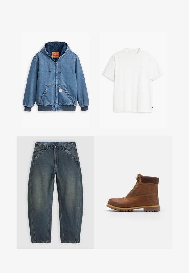 Blå denim hoodiejakke med lynlåslukning, frontlommer, ribbede manchetter og kant, samt en quiltet inderside. Levi's mærket synligt indeni.; Hvid t-shirt i bomuld med korte ærmer, rund halsudskæring og en diskret "Levi's"-logo trykt i lyse farver på forsiden.; Højtaljede mørkegrå denimjeans med skrå frontlommer, knaplukning, bæltestropper og let tilspidsede ben.; Brun læder vandrestøvle med en glat finish, polstret ankel, metalliske snørehuller og en gummisål med et robust dækmønster.