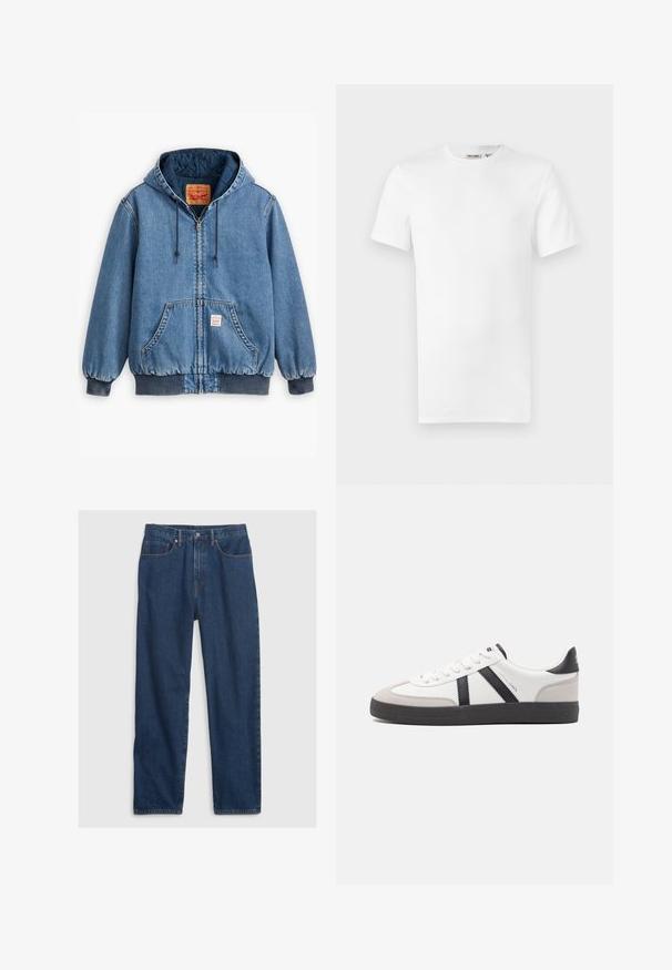 Sinine denimpusa kapuutsiga, lukuga sulgemine, ees taskud, soonikkoes varrukad ja ääred ning tepitud sisemine vooder. Levi's'i silt on nähtav seest.; Valge lühikeste varrukatega T-särk ümarakaelusega, mis sisaldab krae sees väikest brändi sildi, valgel taustal.; Tumesinised teksad sirge lõikega, viie tasku disainiga, ülemise nupuga ja vaskräätsade aktsentidega.; Valged tossud mustade ja hallide aktsentidega, tekstureeritud halli varbakattega, musta kummitald ja lamedad valged paelad. Puhtad jooned, minimalistlik stiil.