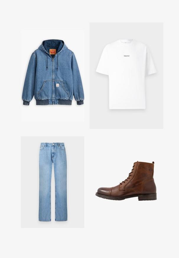 Sinine denimpusa kapuutsiga, lukuga sulgemine, ees taskud, soonikkoes varrukad ja ääred ning tepitud sisemine vooder. Levi's'i silt on nähtav seest.; Valge puuvillane t-särk lühikeste varrukatega ja ümar kaelus, millel on rinnal väike must õmmeldud logo "Selected".; Helehallid sirgete säärega teksapüksid esikülje nööbi ja taskutega, esitatud ühevärvilise valge tausta ees.; Pruun nahast pahkluu saapad, millel on nööridega disain, ümar varvas, kummist tald ja peened tooniõmblused. Tagaküljel on väike silmus.