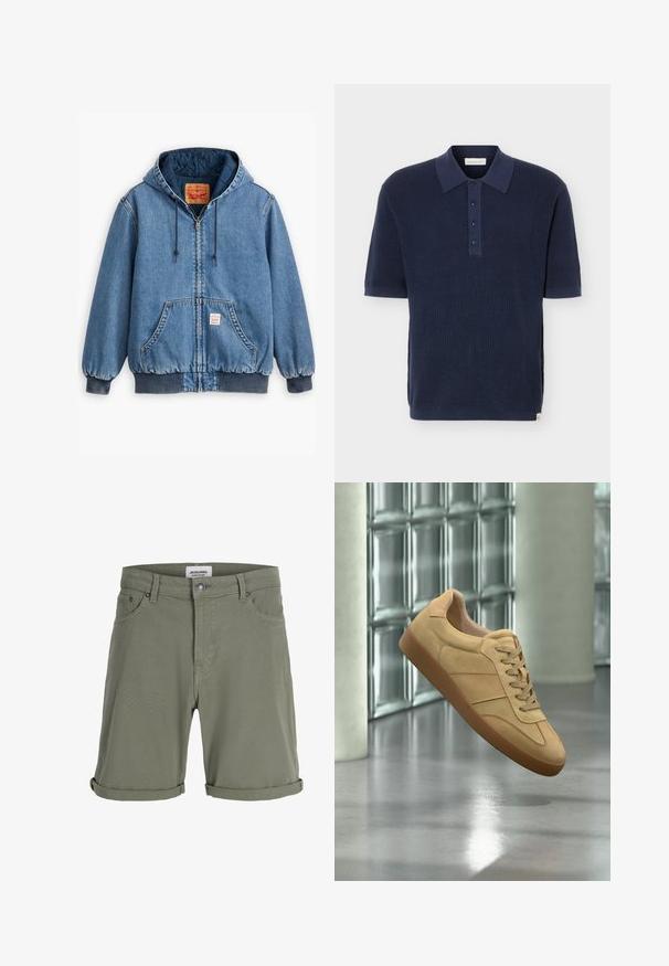 Blauwe denim hoodie met een ritsluiting, voorzakken, ribgebreide manchetten en zoom, en een gewatteerde voering. Levi's label zichtbaar aan de binnenkant.; Marineblauw kort mouw gebreid poloshirt met kraag en vier knopen op de knoopsluiting tegen een effen achtergrond.; Olijfgroene katoenen shorts met omgeslagen zomen, riemlussen, knoop aan de voorkant, rits en vijf zakken, getoond tegen een witte achtergrond.; Beige suède sneaker met rubberen zool, veterdesign, zwevend binnenshuis op gepolijst betonnen vloer nabij een glasblokmuur.