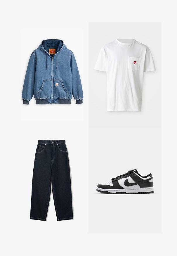 Blauwe denim hoodie met een ritsluiting, voorzakken, ribgebreide manchetten en zoom, en een gewatteerde voering. Levi's label zichtbaar aan de binnenkant.; Witte katoenen T-shirt met een ronde hals en korte mouwen. Bevat een klein rood hartlogo op de linkerkant van de borstzak.; Wijdbenige, donkerblauwe spijkerbroek met contrasterende witte stiksels, vijf zakken en een knoopsluiting. Voorzien van een hoge taille.; Zwart-witte Nike Dunk sneakers met een leren bovenwerk, geperforeerde neus, zwarte veters en een zwarte rubberen zool met profiel.
