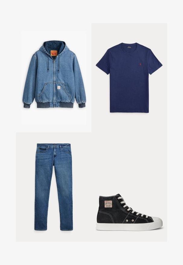Blå denim hoodiejakke med lynlåslukning, frontlommer, ribbede manchetter og kant, samt en quiltet inderside. Levi's mærket synligt indeni.; Marineblå T-shirt med korte ærmer og rund halsudskæring med et lille rødt broderet logo på venstre bryst.; Blå denimjeans med slim fit, der har forlommer, bæltestropper og lukning med knap på hvid baggrund.; Sort højtop lærreds-sneaker med hvid gummisål og tå hætte, hvide snørebånd og et Polo Country Ralph Lauren stofmærke på anklen.