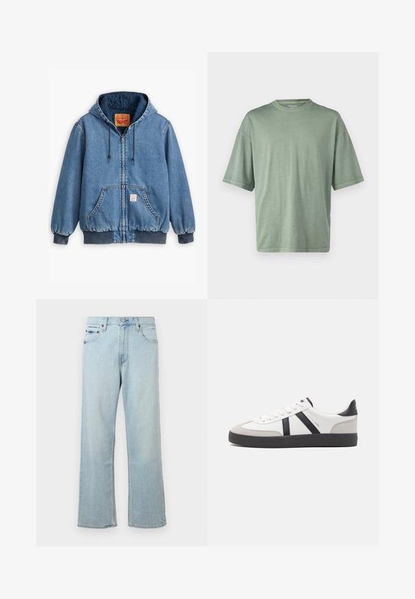 Blå denim hoodiejakke med lynlåslukning, frontlommer, ribbede manchetter og kant, samt en quiltet inderside. Levi's mærket synligt indeni.; Lys grønt kortærmet t-shirt med rund halsudskæring og afslappet pasform; lavet af blødt materiale med en glat tekstur.; Lyseblå denimjeans med en løs, bred bendesign. Har fem lommer, bæltestropper og en lynlås med knaplukning.; Hvide sneakers med sorte og grå detaljer, med en tekstureret grå tåhætte, sort gummisål og flade hvide snørebånd. Rent design, minimalistisk stil.