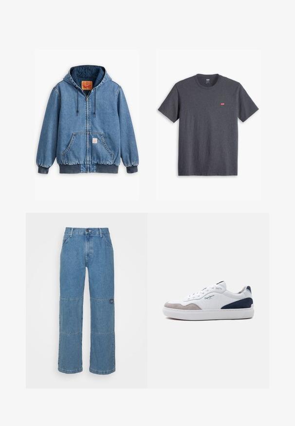 Sinine denimpusa kapuutsiga, lukuga sulgemine, ees taskud, soonikkoes varrukad ja ääred ning tepitud sisemine vooder. Levi's'i silt on nähtav seest.; Hall kootiga hall T-särk, mis on valmistatud puuvillast, lühikeste varrukatega ja väikese punase brändilogo'ga vasakul rinnal. Pehme tekstuur, klassikaline istuvus.; Heledsinine teksapüksid, millel on mugav lõige, omaduseks on lapitööd, ülemine nupuvajutus, viis taskut ja peen bränding säärel.; Valge madala lõikega toss, mille eesosas on hall seemisnahk, kontsal tumesinine seemisnahk, valged paelad ja küljel "Pepe Jeans" logo.