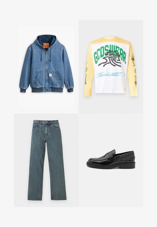 Blauwe denim hoodie met een ritsluiting, voorzakken, ribgebreide manchetten en zoom, en een gewatteerde voering. Levi's label zichtbaar aan de binnenkant.; Longsleeve met gele mouwen; wit borstpaneel met groene tekst "GCDS WEAR", zwart abstract zon-ontwerp en blauwe tekst eronder.; Blauwe straight-leg spijkerbroek met vijf zakken, knoopsluiting en riemlussen op een eenvoudige lichte achtergrond.; Zwarte leren instappers met een gladde afwerking, ronde neus, lage hak en decoratieve stiksels aan de voorkant. Rubberen buitenzool voor grip.
