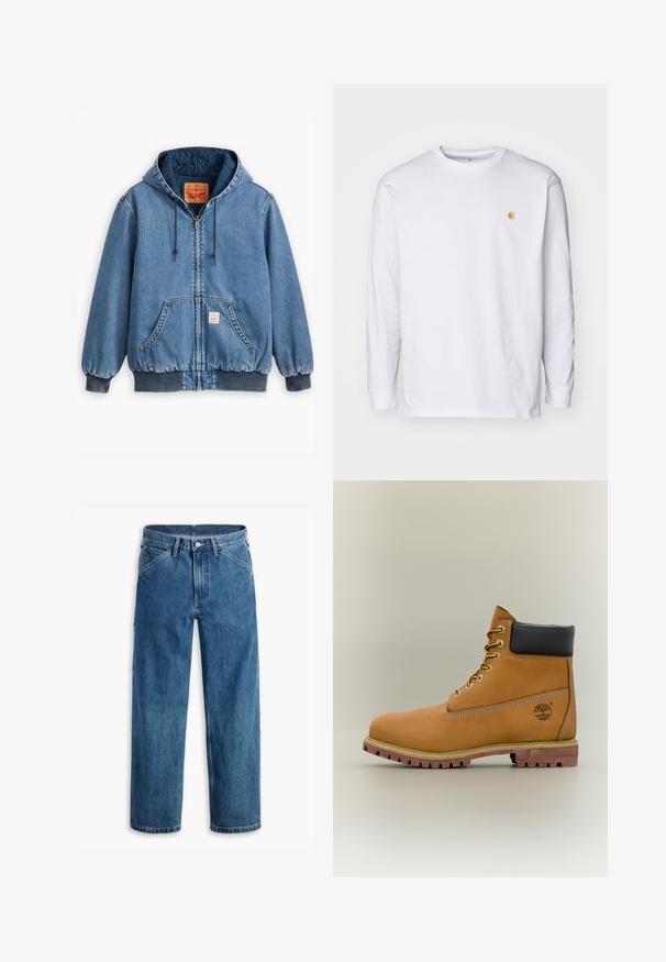 Sinine denimpusa kapuutsiga, lukuga sulgemine, ees taskud, soonikkoes varrukad ja ääred ning tepitud sisemine vooder. Levi's'i silt on nähtav seest.; Valge pika varrukaga T-särk, mis on valmistatud puuvillast. Rinnal on väike kuldne logo ja ümar kaelus. Lihtne disain ja standardne lõige.; Sinised sirge värvliga teksapüksid ees taskute, vööaasade, metallnupu ja tõmblukuga, valgel taustal.; Pruun nahast pahkluu saabas musta kraega, kollaste paelte ja beežide tallaga. Omab logo ja valge õmbluse detaile. Tugeva haardega välistald.