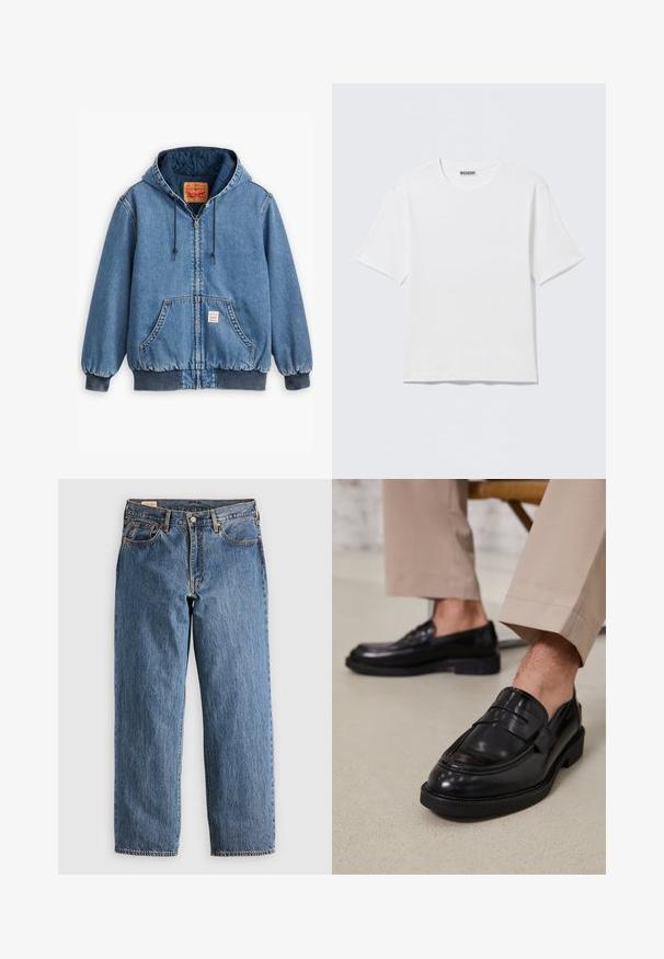 Chaqueta de mezclilla azul con capucha, cierre de cremallera, bolsillos frontales, puños y dobladillo de punto, y forro interior acolchado. Etiqueta de Levi's visible en el interior.; Camiseta blanca lisa de manga corta con cuello redondo y una pequeña etiqueta "WEEKDAY" en el interior del cuello trasero, mostrada sobre una superficie plana.; Jeans de mezclilla azul con un corte recto, que cuentan con una cintura alta, remaches de cobre y costuras naranjas. Incluyen bolsillos delanteros y traseros.; Mocasines de cuero negro con un acabado suave, que cuentan con una correa decorativa y costuras en contraste, combinados con pantalones beiges.