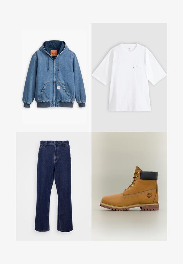 Blå denim hoodiejakke med lynlåslukning, frontlommer, ribbede manchetter og kant, samt en quiltet inderside. Levi's mærket synligt indeni.; Hvid bomulds-T-shirt med korte ærmer, rund hals og lomme på venstre bryst. Har en lille rød logoetiket på lommen.; Mørkeblå denim jeans med lige ben-design, der har knaplukning, fem lomme-stil og diskrete syninger.; Brun læderankelstøvle med sort krave, gule snørebånd og tanfarvet sål. Har logo og hvide syninger som detalje. Robust ydersål med greb.