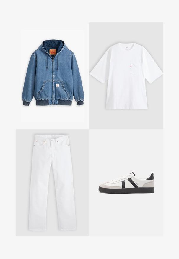 Blå denim hoodiejakke med lynlåslukning, frontlommer, ribbede manchetter og kant, samt en quiltet inderside. Levi's mærket synligt indeni.; Hvid bomulds-T-shirt med korte ærmer, rund hals og lomme på venstre bryst. Har en lille rød logoetiket på lommen.; Hvide jeans med lige ben, fem-lomme design, knap- og lynlåslukning samt kobbernitdetaljer på lommerne.; Hvide sneakers med sorte og grå detaljer, med en tekstureret grå tåhætte, sort gummisål og flade hvide snørebånd. Rent design, minimalistisk stil.