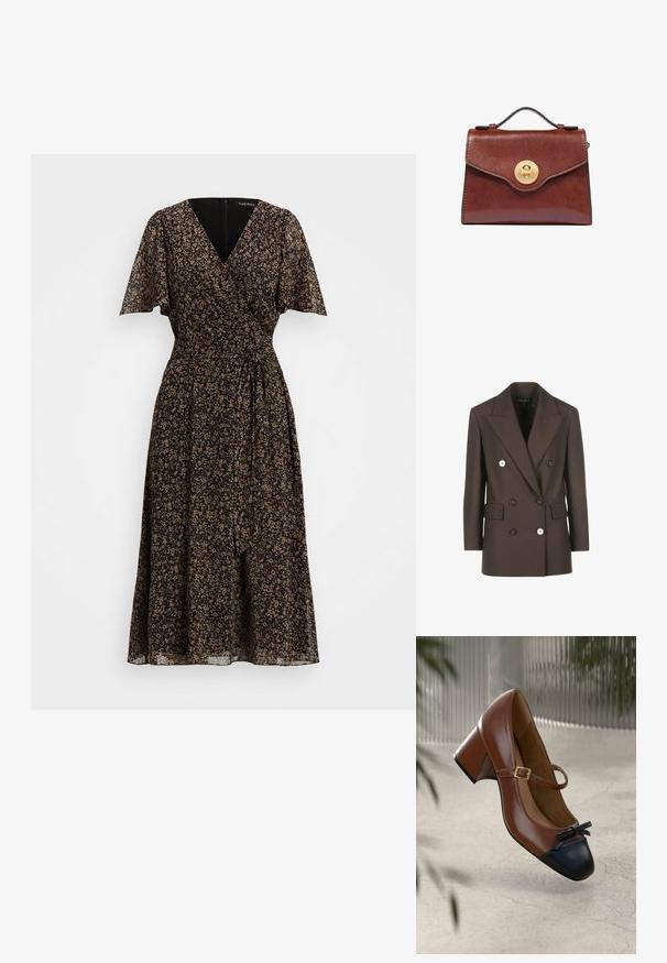 Dobbeltbrystet brun blazer med strukturerede skuldre, to for- lommer, kontrasterende hvide knapper og glat stofstruktur.; Blomstret omviklingskjole i sort med korte flæseærmer. Har en dyb V-udskæring, indsnævret talje og en svajende nederdel med en bindedetail.; Brun læder Mary Jane-hæl med sort tåhætte, sort sløjfe, guldbeslået strop og blokhæl på lys tekstureret gulv.; Brun læderhåndtaske med top håndtag og rundt guldlås med drejelås på frontklappen, sat mod en hvid baggrund.