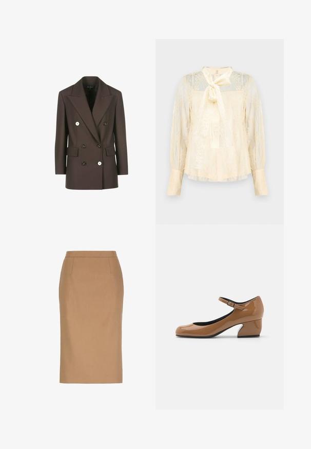 Dobbeltbrystet brun blazer med strukturerede skuldre, to for- lommer, kontrasterende hvide knapper og glat stofstruktur.; Lysecremefarvet bluse lavet af blonder med en sløjfedetalje ved halsen, gennemsigtige lange ærmer og manchetter med knapper. Tekstureret blomsterprint over det hele.; Beige knælængde blyantsnederdel med høj talje og subtile sømdetaljer foran.; Brun laklæder Mary Jane sko med rund tå, ankelrem og en distinkt vinkelblokeret hæl. Glat tekstur, minimalistisk design.