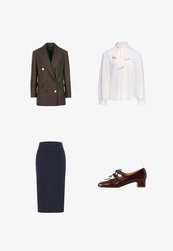 Dobbeltbrystet brun blazer med strukturerede skuldre, to for- lommer, kontrasterende hvide knapper og glat stofstruktur.; Hvid bluse med lange ærmer med knapper foran og en stor bundet sløjfe ved halsudskæringen på en ensfarvet baggrund.; DreiMaster Pencil skirt - marine; Brun patenteret lædersko med rund tå, lav blokhæl og dekorerede snørebånd på forsiden. Har udskæringer på siderne.