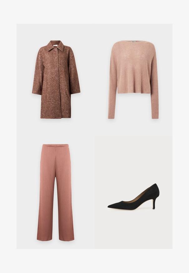 Bruine wolblendjas met een subtiel diagonaal patroon, knoopsluiting, kraag en voorzakken met knoopdetails.; Lichtroze cropped trui van zachte, geribbelde stof, met lange mouwen en een brede halslijn. Eenvoudig, minimalistisch design.; Ribgebreide broek met wijde pijpen in dusty rose, voorzien van een elastische tailleband en subtiele verticale strepen, weergegeven tegen een effen achtergrond.; Zwarte suède pumps met spitse neus, een slanke middenhoge naaldhak en een laag uitgesneden ontwerp op een effen achtergrond.