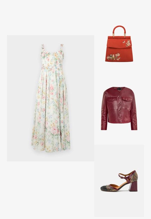 Veste en cuir rouge coupée avec un col rond, poches avant et boutons-pression. Possède une texture lisse et des manches longues.; Robe maxi florale avec un corsage smocké, des bretelles à volants et des motifs de fleurs roses et bleues pastel sur un fond clair.; Chaussure à talon avec un bout en cuir verni noir, une bride bordeaux et une tige en textile à motif serpent ; dotée d'un grand talon block.; Sac à main en daim rouge avec une forme structurée, doté d'une poignée supérieure et de ferrures dorées. Designs floraux et d'oiseaux brodés à l'avant.
