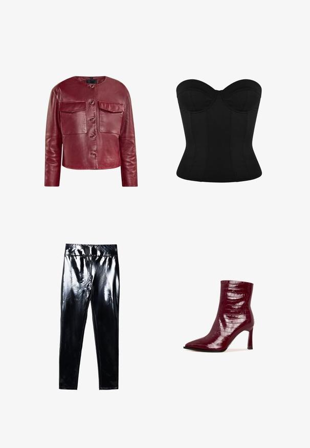 Veste en cuir rouge coupée avec un col rond, poches avant et boutons-pression. Possède une texture lisse et des manches longues.; Top corset noir sans bretelles avec des bonnets structurés et une taille cintrée, conçu pour sculpter et soutenir.; Leggings noirs à finition brillante présentant une surface lisse et glossy. Taille élastique et design ajusté avec une forme de jambe effilée.; Bottines en cuir verni bordeaux brillant avec une texture crocodile, nez pointu et un talon aigu mince. Fini lisse et design élégant.