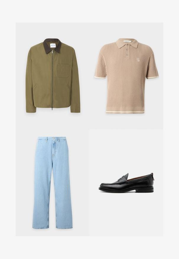 Veste zippée vert olive avec col marron foncé, poche poitrine à gauche et deux poches latérales, présentée sur fond blanc.; Polo en maille côtelée beige à manches courtes avec trois boutons, petit logo brodé sur la poitrine et finition blanche aux manches et à l'ourlet.; Jean bleu clair à taille haute et jambes larges avec passants de ceinture, bouton frontal et fermeture éclair, présenté sur un fond clair uni.; Mocassin homme en cuir noir avec couture moc toe, bride penny, col texturé et petit talon empilé sur fond blanc.