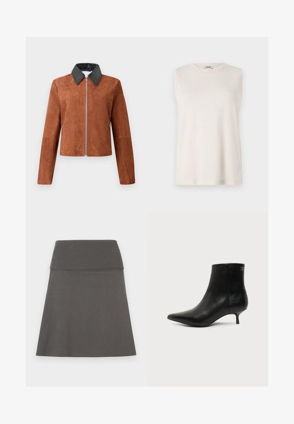 Veste cropped en suède marron avec un col pointu en cuir noir, fermeture éclair à l'avant et manches longues. Texture lisse avec des détails de design minimalistes.; Top sans manches en tissu beige clair, avec un col rond et une coupe décontractée. Texture lisse sans embellissements ni motifs.; Jupe gris foncé avec une large ceinture élastique côtelée et une légère forme évasée sur fond blanc.; Bottine en cuir noir avec bout pointu et petit talon kitten sur fond clair, vue côté extérieur.