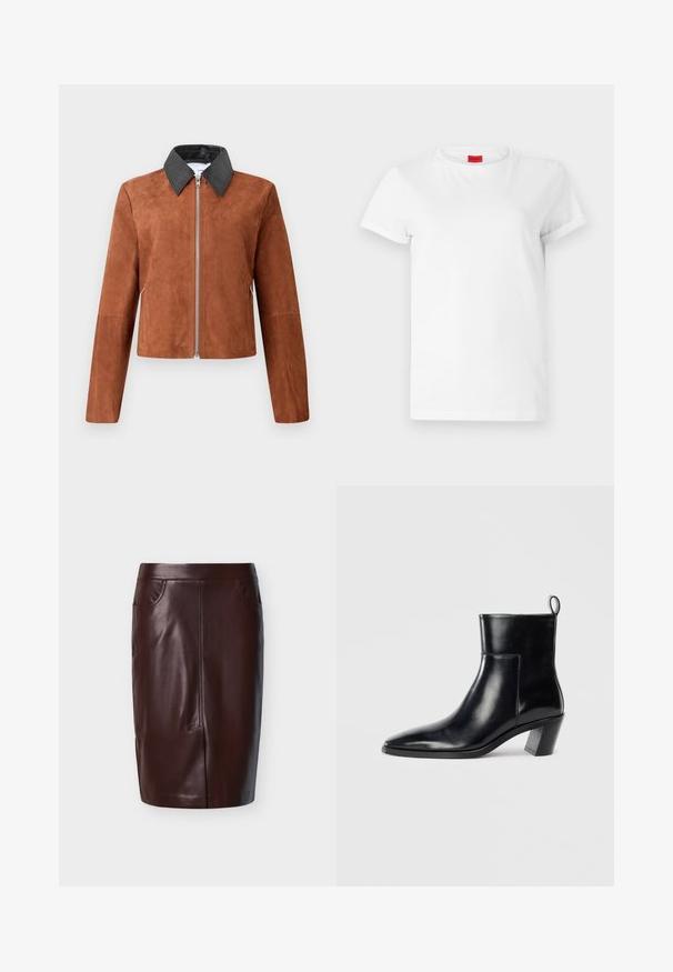 Veste cropped en suède marron avec un col pointu en cuir noir, fermeture éclair à l'avant et manches longues. Texture lisse avec des détails de design minimalistes.; T-shirt blanc à manches courtes en coton léger. Présente un col rond et des manches retroussées. Étiquette logo rouge sur le col.; Jupe crayon en cuir marron à texture lisse, avec deux poches latérales et des détails de couture à l'avant, conçue pour une coupe ajustée.; Bottine en cuir noir avec un bout pointu, un talon empilé géométrique et une languette à l'arrière. Texture lisse et design épuré.