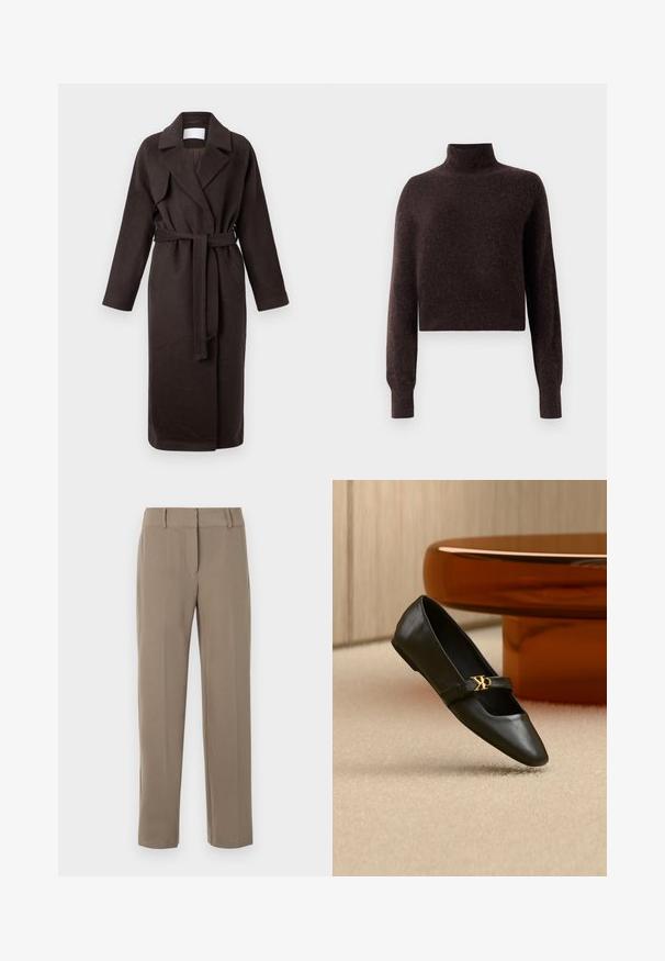 Mørkebrun lang frakke med bælte, lavet af blødt stof. Har en notched krave og to sidelommer, med en løs og afslappet pasform.; Brun rullekrave sweater, cropped design, lavet af blødt struktureret materiale, har lange ærmer og ribbede manchetter.; Klassiske kaki bukser med lige ben, bæltestropper og lynlås foran på hvid baggrund.; Sort læder flad sko med spids tå og gyldent CK-logo på rem, placeret på beige tæppe nær et rundt ravbrunt bord.