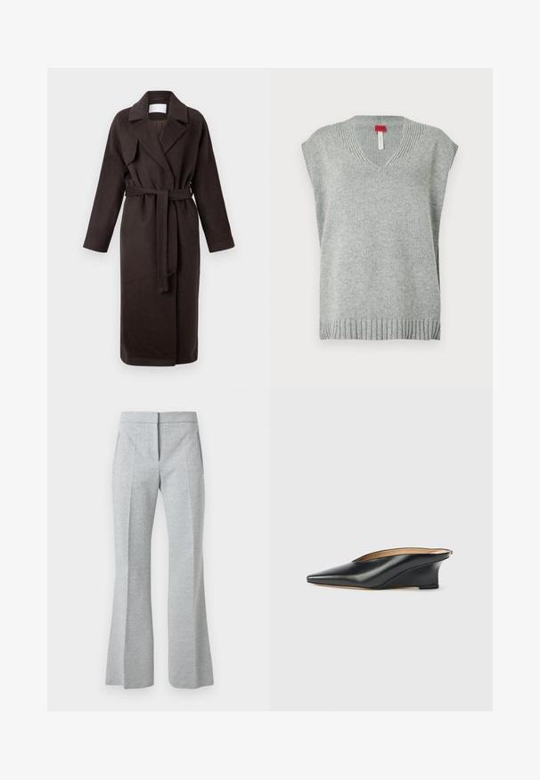 Mørkebrun lang frakke med bælte, lavet af blødt stof. Har en notched krave og to sidelommer, med en løs og afslappet pasform.; Lys grå strikket ærmeløs sweater vest med V-udskæring samt ribbede kanter og halsudskæring, præsenteret på hvid baggrund.; Lysegrå, højtaljede skræddersyede bukser med subtilt sildebensmønster, frontbøjle, sidelommer og let udvidede ben.; Sort laklæder kilehæl sko med spids tå og åben hæl, der har et elegant, buet design og minimalistisk stil.