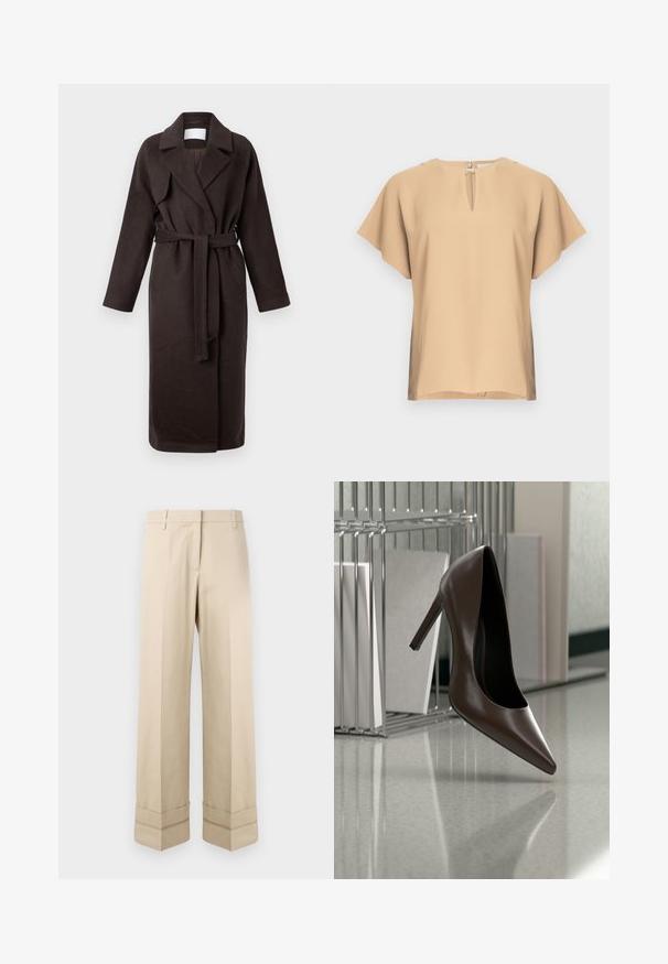Mørkebrun lang frakke med bælte, lavet af blødt stof. Har en notched krave og to sidelommer, med en løs og afslappet pasform.; Beige bluse med nøglehul-halsudskæring og korte, brede ærmer. Glat stof med afslappet pasform og lige kant. Minimalistisk design.; Beige bukser med lige pasform, der har en dobbelt manchet i kanten og en flad frontdesign. Lavet af glat, slidstærkt stof.; Mørkebrunt læderhæl med høj hæl, der svæver over en reflekterende gulvplade nær en metalhylde med hvide paneler i et rum.