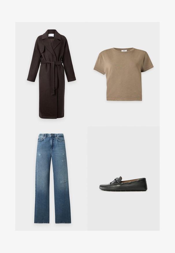 Donkerbruine lange jas met een riem, gemaakt van zacht materiaal. Heeft een omgeslagen kraag en twee zijzakken, met een losse, ontspannen pasvorm.; Effen bruine korte mouwen cropped t-shirt met ronde hals op een lichtgrijze achtergrond.; Blauwe spijkerbroeken van denim met een rechte pasvorm, verweerde details en een nette zoom. De stof heeft een licht vervaagde verloopachtige uitstraling.; Zwarte leren bootshoe met een ronde neus, gestikte details, een kleine strikaccent en een rubberen zool. Soepele textuur en gestroomlijnd ontwerp.