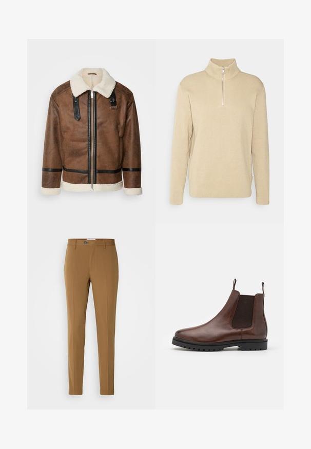Brun læderjakke med sorte akcenter og en shearlingkrave. Har en frontlynlås og skulderremdetaljer. Tekstureret overflade.; Beige zip-neck sweater med ribbet tekstur, lange ærmer og en høj krave. Har en halvdels-zip foran og sidesplitter i kanten.; Brune skræddersyede bukser med lige pasform, der har en frontlynlås, knaplukning og to sidelommer for funktionalitet.; Brune læder Chelsea-støvle med elastiske sidepaneler, rund tå og tekstureret gummisål, der har trækstropper for nem påtagning.