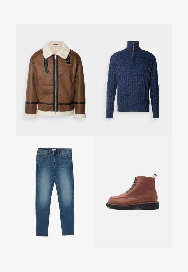 Veste en cuir marron avec des accents noirs et un col en shearling. Présente une fermeture à glissière à l'avant et des détails de sangle aux épaules. Fini texturé.; INDICODE JEANS Pullover - navy mix; Jean en denim bleu moyen avec un délavage léger, design à cinq poches, coupe droite et accents cousus. Fermeture par bouton et zip.; Bottes chelsea en cuir marron avec un bout arrondi, un système de laçage à l'avant et une surface texturée, dotées d'une languette et d'une semelle noire robuste.