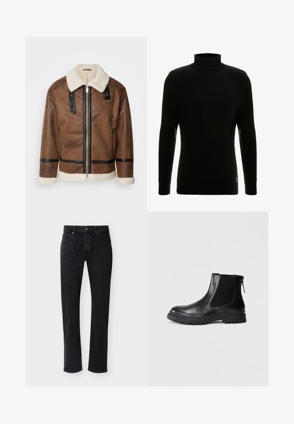 Veste en cuir marron avec des accents noirs et un col en shearling. Présente une fermeture à glissière à l'avant et des détails de sangle aux épaules. Fini texturé.; Pull à col roulé noir avec des manches longues, texture côtelée, silhouette ajustée et petite étiquette de marque en bas à gauche.; Jean noir à coupe droite avec poches avant, passants pour ceinture, fermeture par bouton et coutures visibles sur un fond blanc uni.; Bottine en cuir noir avec une finition lisse, des panneaux latéraux en maille élastique et une semelle robuste avec un motif de crampons visible.
