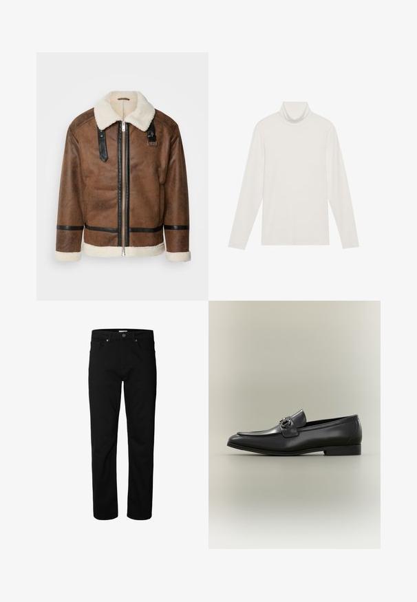 Bruineleren jas met zwarte accenten en een schapenvachtkraag. Heeft een rits aan de voorkant en schouderbanddetails. Gestructureerde afwerking.; Langsleeve turtleneck top in het wit. Zacht, rekbaar materiaal met een aansluitende pasvorm. Heeft een hoge hals en minimale naaddetails.; Zwarte jeans met rechte pijpen, knoop- en ritssluiting, riemlussen en voor- en achterzakken, getoond tegen een effen witte achtergrond.; Zwarte leren herenslipper met een lage hak en metalen gespsluiting aan de bovenkant, zijaanzicht op een neutrale achtergrond.