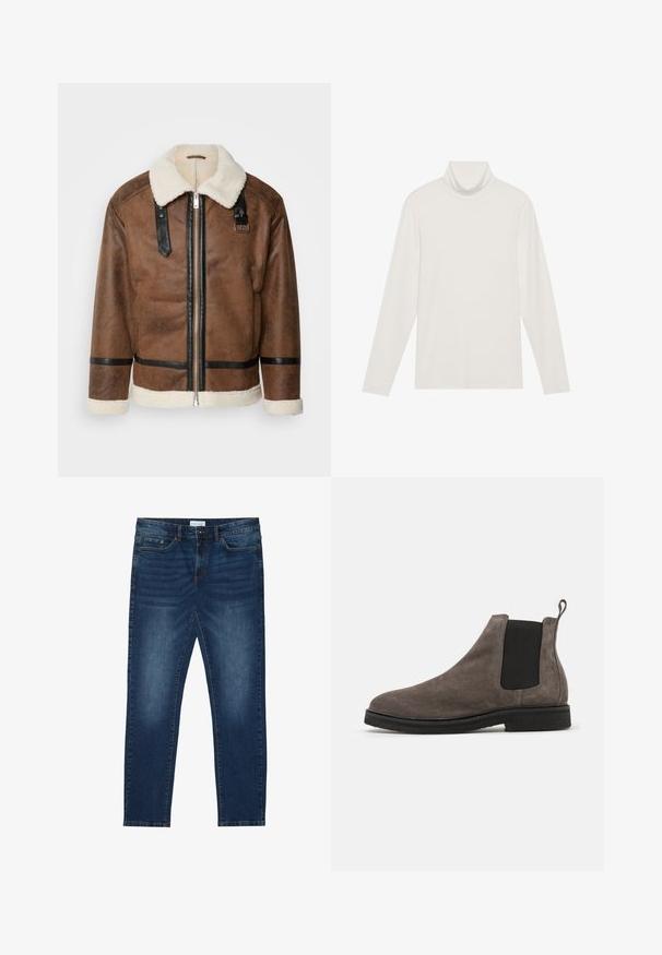 Braune Lederjacke mit schwarzen Akzenten und einem Schaffellkragen. Verfügt über einen Frontreißverschluss und einen Schulterriemen. Strukturierte Oberfläche.; Langarm-Turtleneck-Oberteil in Weiß. Weicher, dehnbarer Stoff mit einer engen Passform. Verfügt über einen hohen Kragen und minimale Nahttäuschungen.; Dunkelblaue Slim-Fit-Jeans mit ausgewaschenen Details, klassischem Fünf-Taschen-Design, Knopfverschluss und Gürtelschlaufen.; Graue Wildleder Chelsea-Stiefel mit elastischen Seitenpaneelen, runder Zehenpartie und Zuglasche. Flache schwarze Gummisohle. Einfaches und elegantes Design.