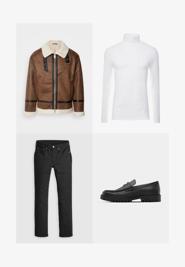 Braune Lederjacke mit schwarzen Akzenten und einem Schaffellkragen. Verfügt über einen Frontreißverschluss und einen Schulterriemen. Strukturierte Oberfläche.; Weißes Langarm-Turtleneck-Shirt aus weichem, dehnbarem Stoff. Verfügt über einen hohen Kragen und eine figurbetonte Passform, die eine schlanke Silhouette bietet.; Schwarze Jeanshose mit geradem Bein, ausgestattet mit einem Reißverschluss, fünf Taschen und Metallknopf-Akzenten. Glatte Textur.; Schwarze Lederloafer mit runder Zehenform, ausgestattet mit einem gesteppten Design, niedrigem Plattformsohle und einer strukturierten, genoppten Gummisohle.