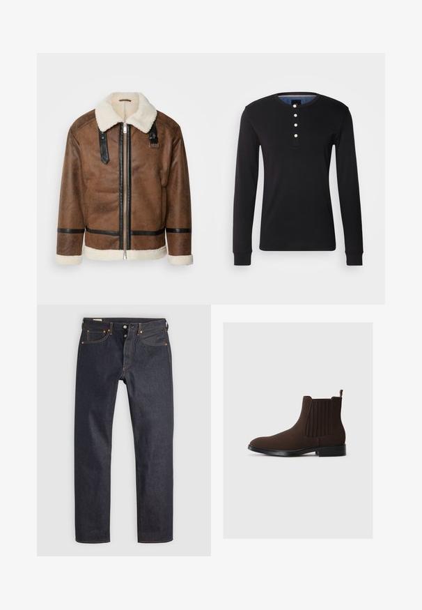 Braune Lederjacke mit schwarzen Akzenten und einem Schaffellkragen. Verfügt über einen Frontreißverschluss und einen Schulterriemen. Strukturierte Oberfläche.; Schwarzes Langarmshirt aus weichem Stoff, mit Rundhalsausschnitt, Knopfblende mit weißen Knöpfen und eng anliegenden Manschetten.; Dunkelblaue Jeans aus Denim mit geradem Bein, versehen mit orangefarbener Naht und klassischem Five-Pocket-Design. Verschluss mit Knopf und Reißverschluss.; Braune Wildleder Chelsea-Stiefel mit elastischen Seiteneinsätzen, flachem Absatz und einer Zugschlaufe an der Rückseite. Glatte Textur und stromlinienförmiges Design.