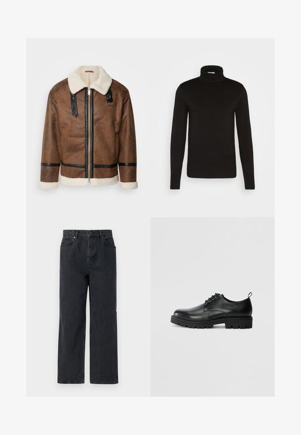 Braune Lederjacke mit schwarzen Akzenten und einem Schaffellkragen. Verfügt über einen Frontreißverschluss und einen Schulterriemen. Strukturierte Oberfläche.; Schwarz, langärmliges Turtleneck-Shirt aus einem glatten Stoff mit figurnaher Passform und hohem, enganliegendem Kragen. Keine sichtbaren Muster oder Akzente.; Dunkelblaue Denim-Hosen mit weitem Bein, Fünf-Taschen-Design und Knopfverschluss. Enthält Hardware in kupferfarbener Ausführung und eine subtile Textur.; Schwarze Lederschuhe mit runder Zehenform, ausgestattet mit einer Schnürung, robustem schwarzen Gummisohle und einer kleinen Fersenschlaufe auf der Rückseite.
