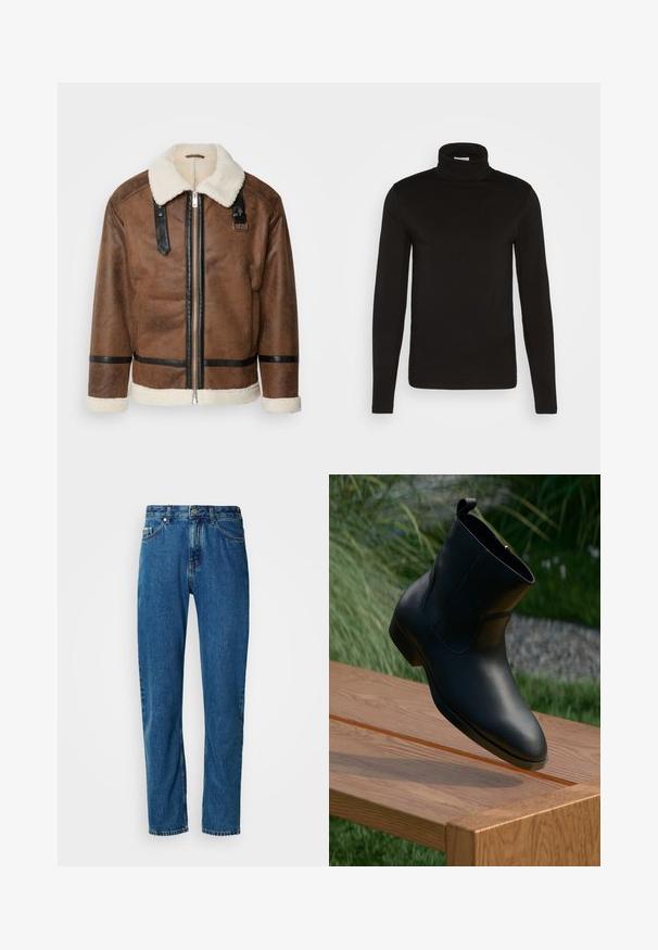 Braune Lederjacke mit schwarzen Akzenten und einem Schaffellkragen. Verfügt über einen Frontreißverschluss und einen Schulterriemen. Strukturierte Oberfläche.; Schwarz, langärmliges Turtleneck-Shirt aus einem glatten Stoff mit figurnaher Passform und hohem, enganliegendem Kragen. Keine sichtbaren Muster oder Akzente.; Blaue gerade geschnittene Jeans aus Denim mit fünf Taschen und vorderem Knopfverschluss vor einem weißen Hintergrund.; Schwarze Leder-Ankle-Boots mit Reißverschluss, positioniert an einem Ende einer polierten Holzbank im Freien, mit Gras und Steinen im Hintergrund.