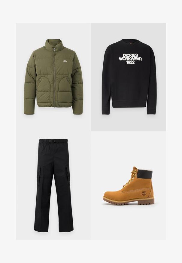 Olijfgroene gewatteerde jas met hoge kraag, volledige ritssluiting, horizontale stiksels en twee zijzakken. Voorzien van een klein logo op de borst.; Zwarte crewneck trui met witte, gestructureerde tekst "DICKIES WORKWEAR 1922" over de borst, geribbelde manchetten en zoom.; Zwarte cargobroek met een wijde pasvorm, een verstelbare tailleband met een gesp en twee zijzakken voor opslag. Lichtgewicht stof.; Bruine leren enkellaars met metalen oogjes, witte faux bont voering, zwarte gewatteerde kraag, robuuste zool en een reliëflogo aan de zijkant.